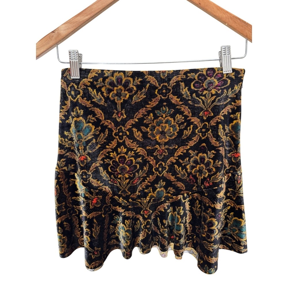 Cote Velvet Mini Skirt Womens‎ Small Black Gold Floral Damask Ruffle Boho Gothic